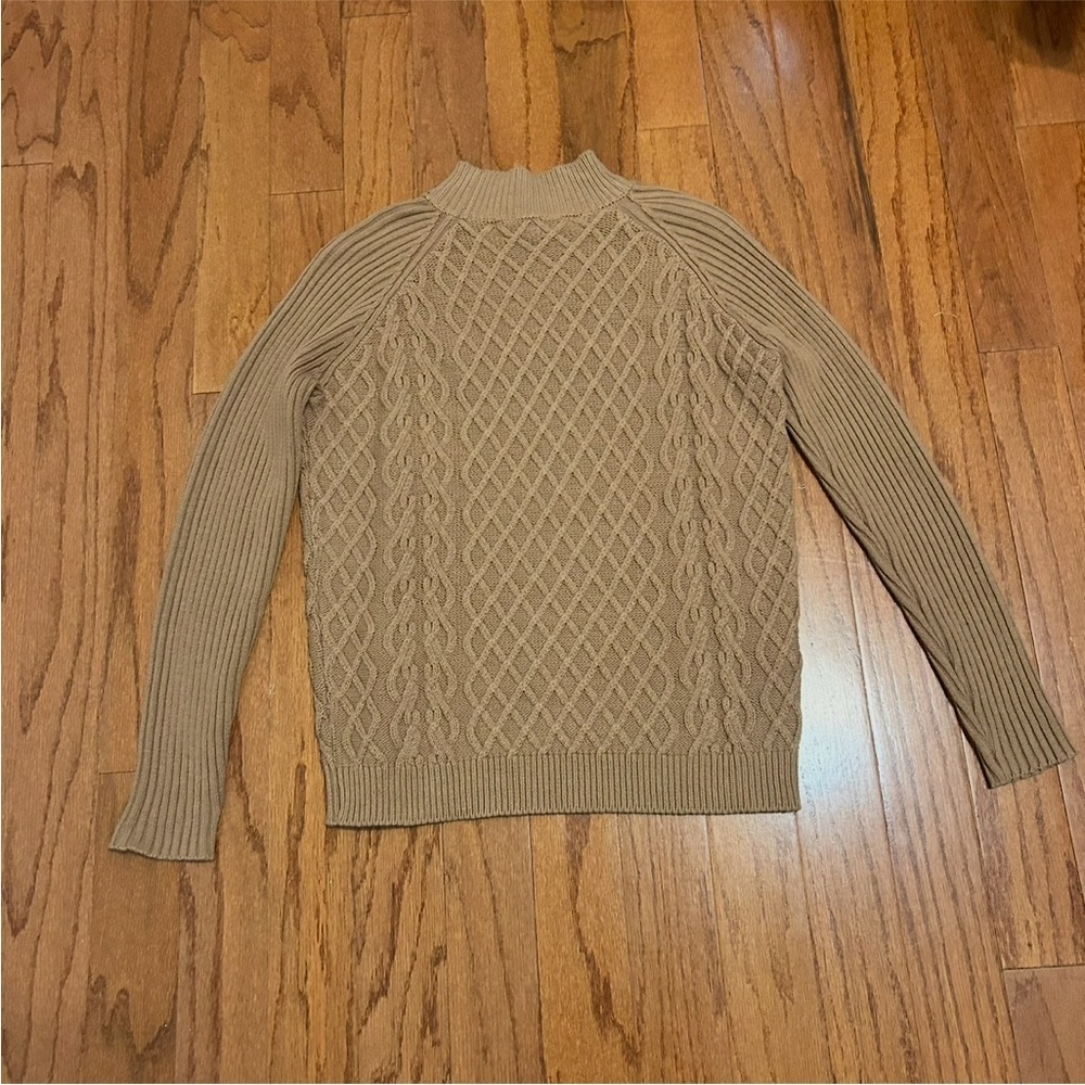 BCBGMaxAzria Tan Cable Knit Sweater Mock Neck Ribbed Sleeve XS Classic Luxury - Picture 4 of 7